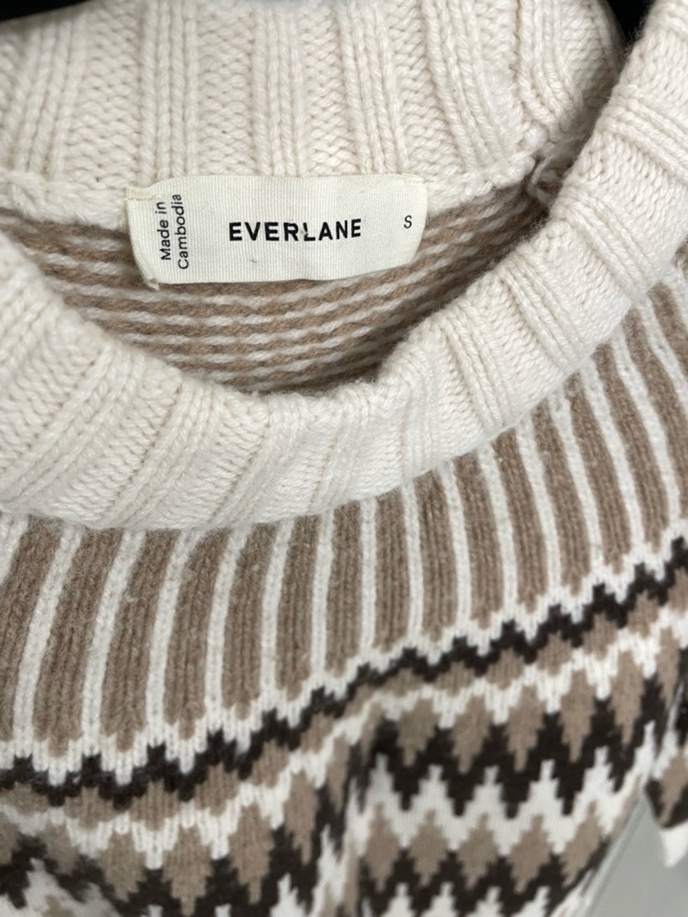 Everlane 100% Wool Fair Isle Crew Neck Sweater Bone/Brown Luxury Warm. ‎  10 - Picture 5 of 12
